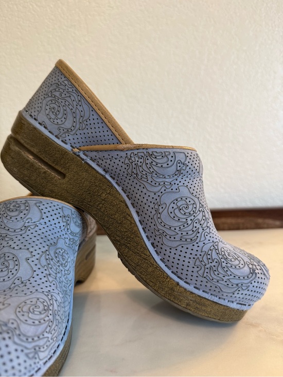 Dansko Shoes - Dansko Light Blue Perforated Floral Clog with Tan Trim
